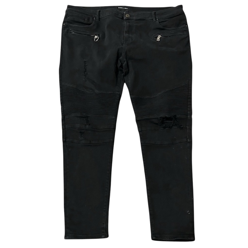 Embellish Black Denim Jeans 44x32 Distressed Zippers Straight Leg Cotton‎ Men's